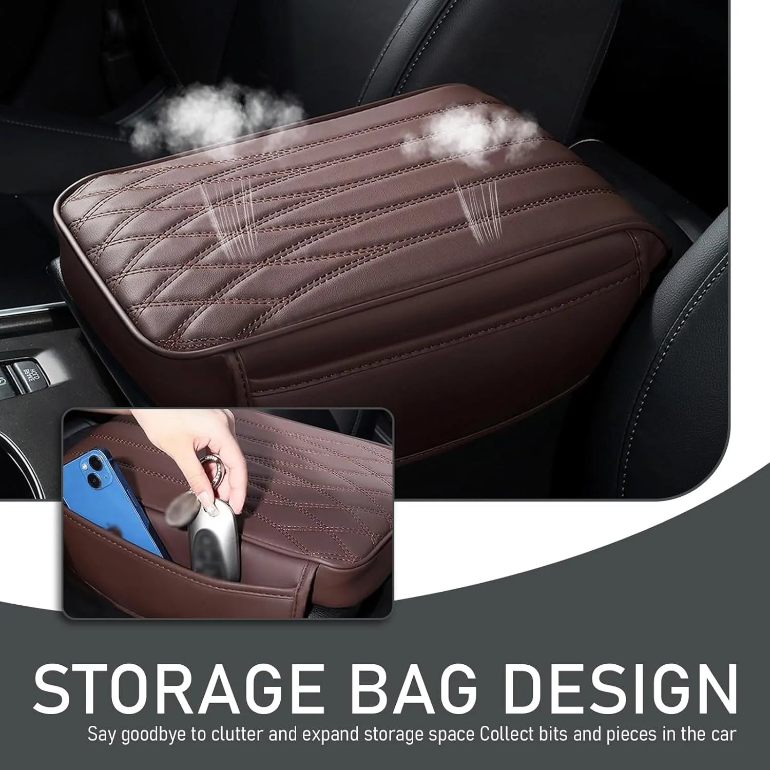 1 PC Car Armrest Box Pad with Storage Pockets, Heightening Function, Six-second Rebound Design, 12.59In x 8.66In x 1.96In Durable Vehicle Protective Cover, Universal for Most Cars (Coffee)
