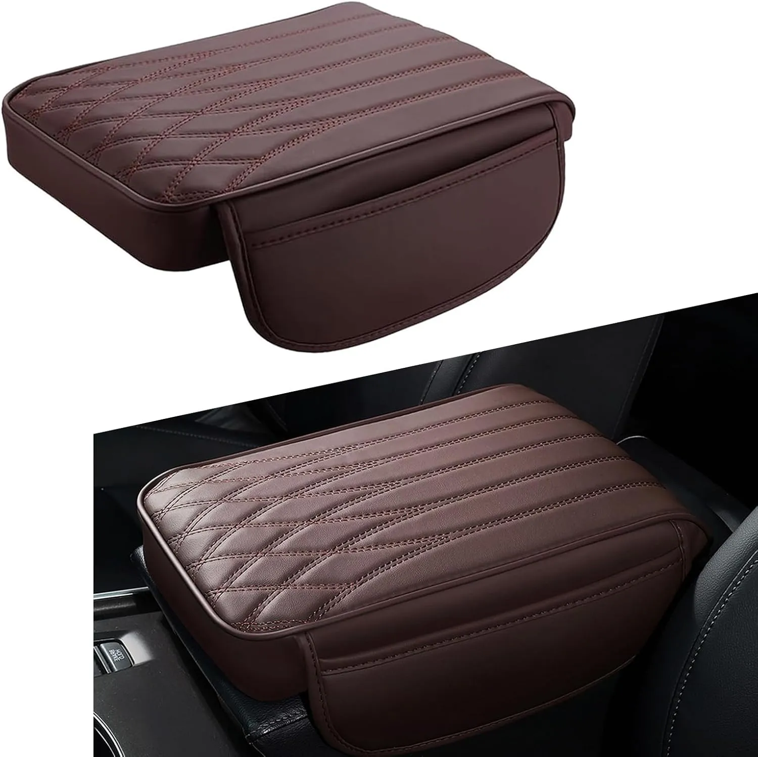 1 PC Car Armrest Box Pad with Storage Pockets, Heightening Function, Six-second Rebound Design, 12.59In x 8.66In x 1.96In Durable Vehicle Protective Cover, Universal for Most Cars (Coffee)