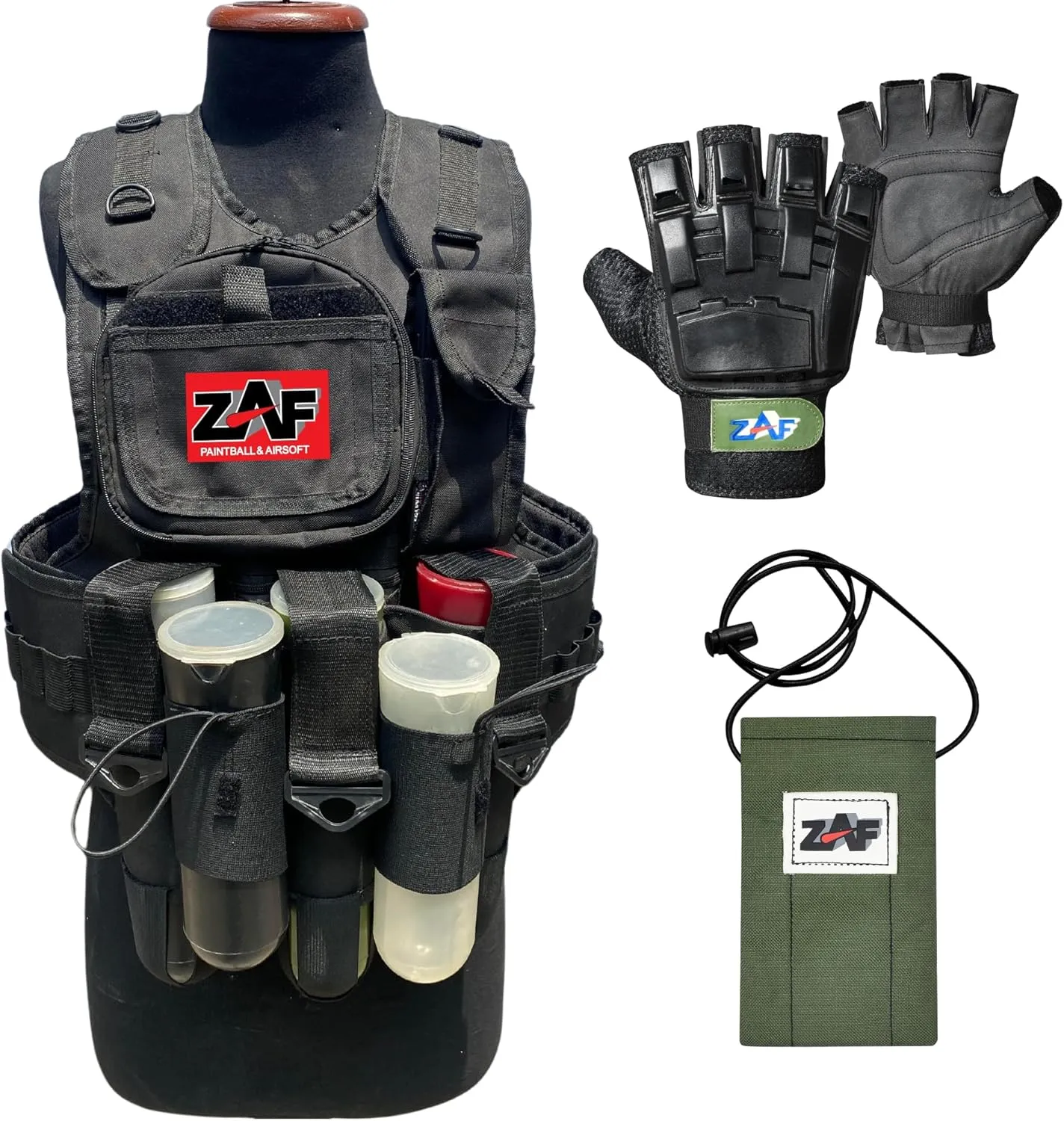 11 pod paintball vest with free size half finger gloves and barrel pouche, unisex