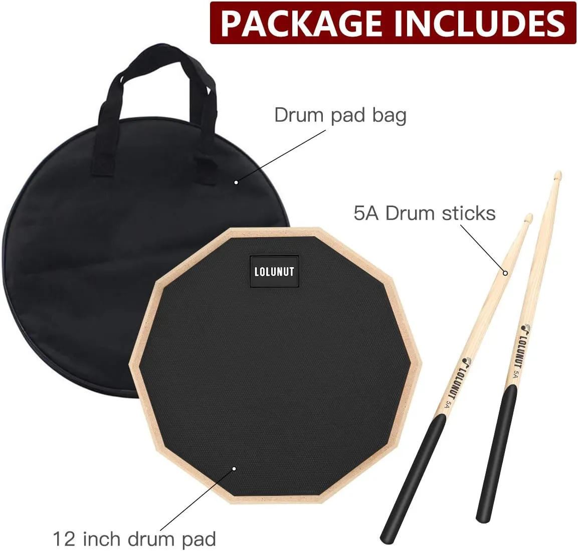 12 Inch Silent Drum Pad,Dumb Drum Beginner Rubber Practice Pad,with 5A Drum Sticks & Storage Bag(Black)