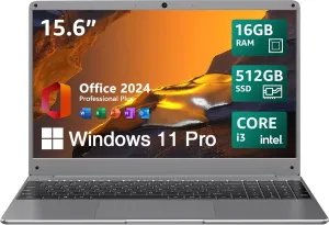 15.6" Windows 11 Laptop, Intel Core i3-5005U, 16GB RAM, 512GB SSD, FHD IPS Display, 2.4G/5G WiFi, BT5.0, RJ45, Webcam, Long Battery Life - for Work, Study, and Entertainment