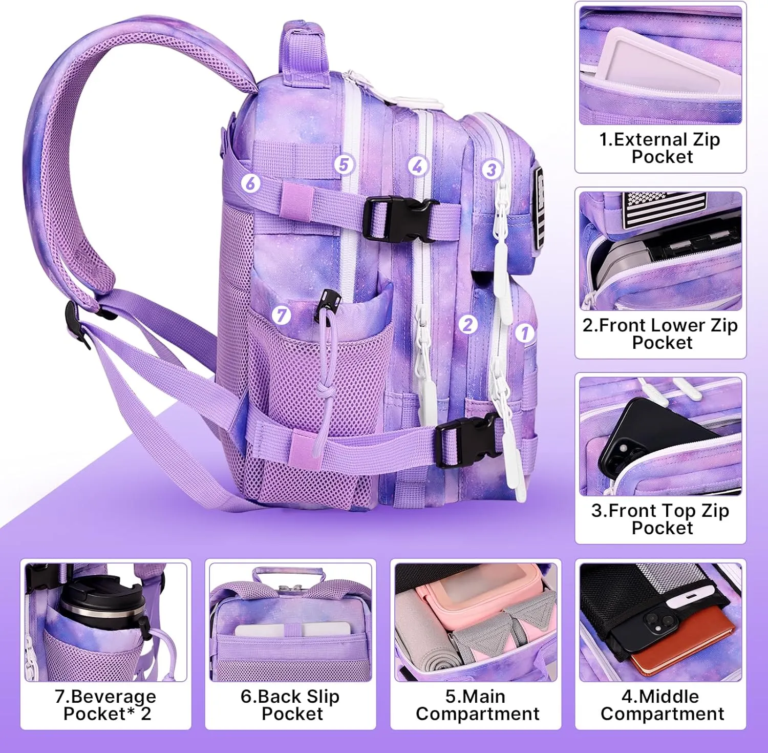15L Mini Tactical Backpack Small Tactical Backpack for Women, Military Backpack for Gym, Hiking, Daily (Purple Nebula-15L)