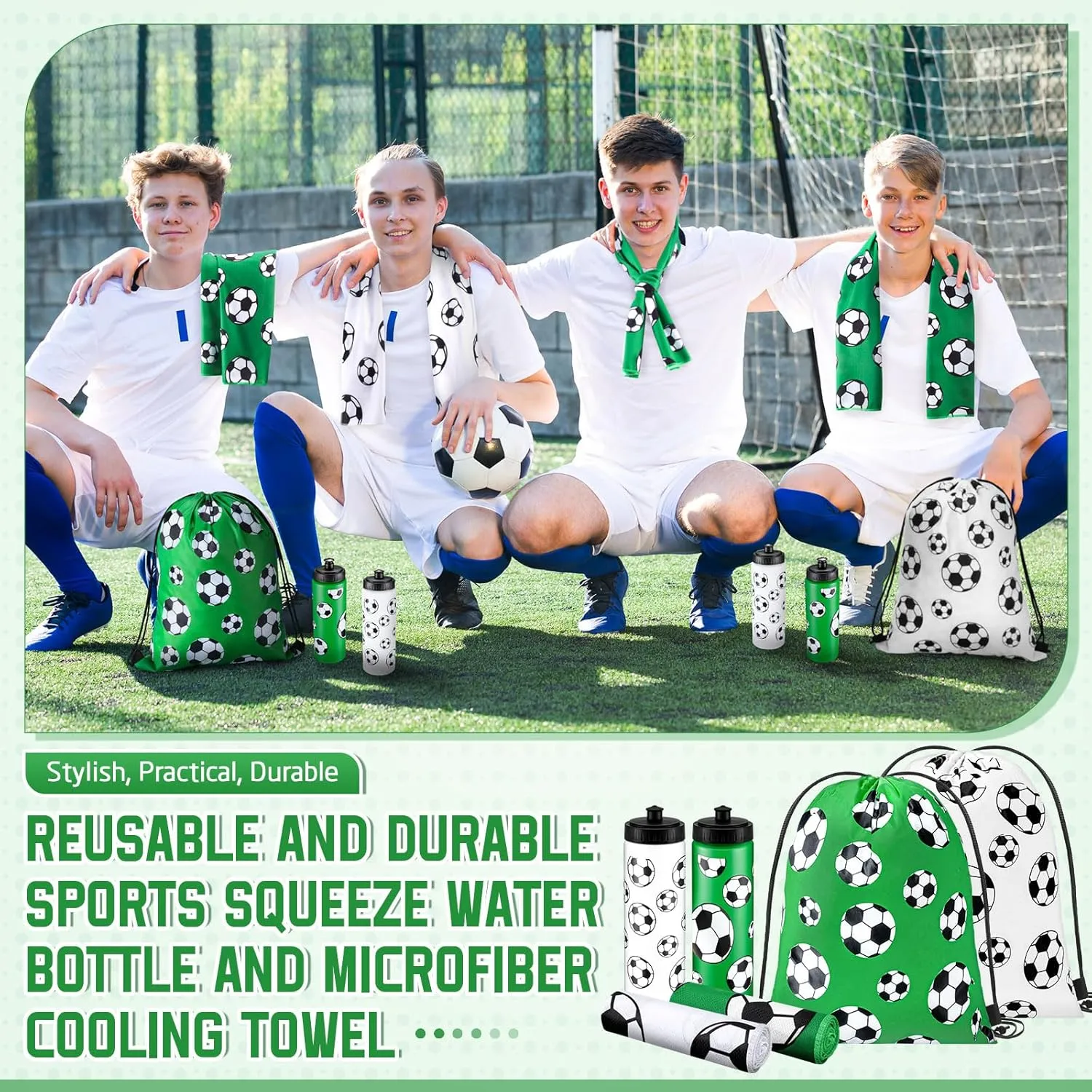 18 Pcs Sports Party Favors Basketball Soccer Water Bottle Baseball Softball Cooling Towel 6 Sports Water Bottle 6 Ice Towel 6 Drawstring Bag Football Volleyball Towel for Team Gift