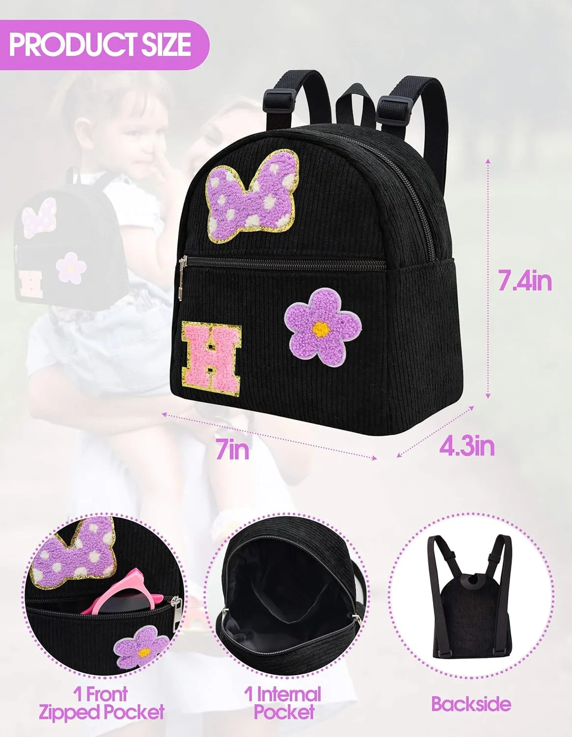 2 3 4 5 6 Year Old Girl Gifts Chenille Initial Mouse Bow Mini Backpack, Corduroy Toddler Backpacks Christmas Birthday Gifts for Girls 2-4 5-6, Black Mini Diaper Bag Must Haves for Park Travel Letter H