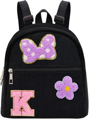 2 3 4 5 6 Year Old Girl Gifts Chenille Initial Mouse Bow Mini Backpack, Corduroy Toddler Backpacks Christmas Birthday Gifts for Girls 2-4 5-6, Black Mini Diaper Bag Must Haves for Park Travel Letter K