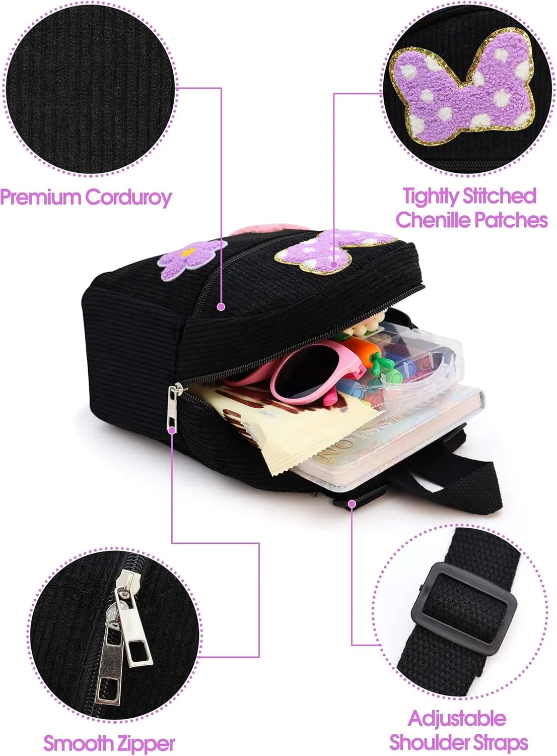 2 3 4 5 6 Year Old Girl Gifts Chenille Initial Mouse Bow Mini Backpack, Corduroy Toddler Backpacks Christmas Birthday Gifts for Girls 2-4 5-6, Black Mini Diaper Bag Must Haves for Park Travel Letter K
