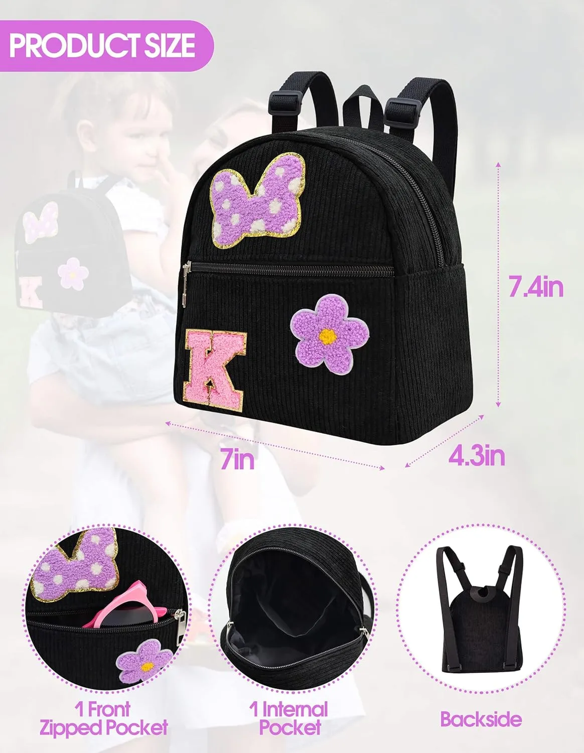 2 3 4 5 6 Year Old Girl Gifts Chenille Initial Mouse Bow Mini Backpack, Corduroy Toddler Backpacks Christmas Birthday Gifts for Girls 2-4 5-6, Black Mini Diaper Bag Must Haves for Park Travel Letter K