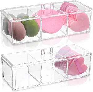 2 Pack Square Qtip Holder Dispenser, 3 Compartments Cotton Ball Holder, Bathroom Canisters for Swab, Ball, Cotton Pad Organizer, Clear Acrylic Containers with Lid for Bathroom Vanity Countertop