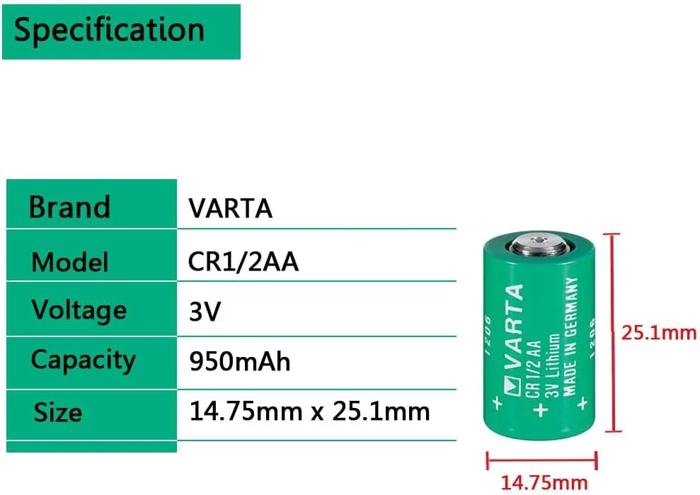 (2 Pack VARTA CR 1/2 AA Series Lithium Battery 950mAh Cylindrical Battery