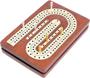2 Track (Loop Shape) - Wooden Travel Pocket Size Cribbage Board - 4.75 Inch - Storage Space for Cribbage Pegs - 60 Points (Bloodwood/Maple Wood)