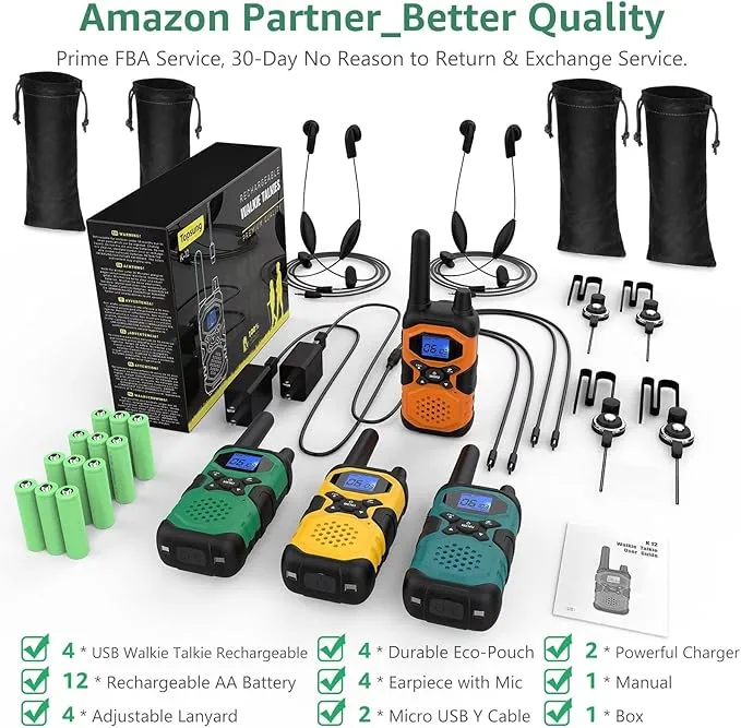 2 Way Radios for Adults Long Range Rechargeable 4 Pack, Multi-purpose NOAA Walkie Talkies with Earpiece USB Cable 4500mAh Battery for Family Senior Care Working Adventure Camping Hiking Cruise