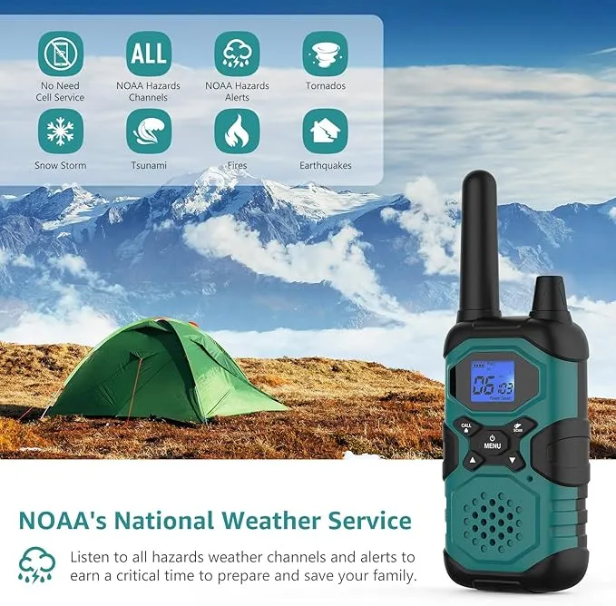 2 Way Radios for Adults Long Range Rechargeable 4 Pack, Multi-purpose NOAA Walkie Talkies with Earpiece USB Cable 4500mAh Battery for Family Senior Care Working Adventure Camping Hiking Cruise