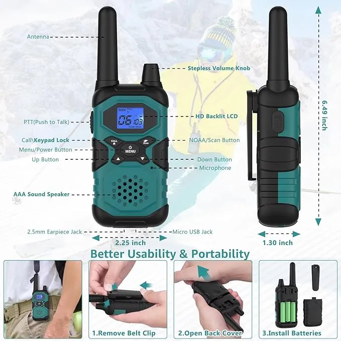 2 Way Radios for Adults Long Range Rechargeable 4 Pack, Multi-purpose NOAA Walkie Talkies with Earpiece USB Cable 4500mAh Battery for Family Senior Care Working Adventure Camping Hiking Cruise