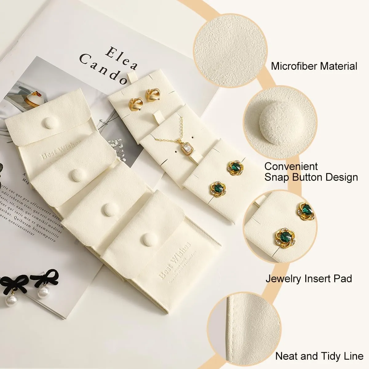 20 Pcs Microfiber Jewelry Pouch 8x8 cm, Luxury Small Gift Bags Snap Button Jewelry Roll for Earring Necklace Pendant Packing (BEIGE)