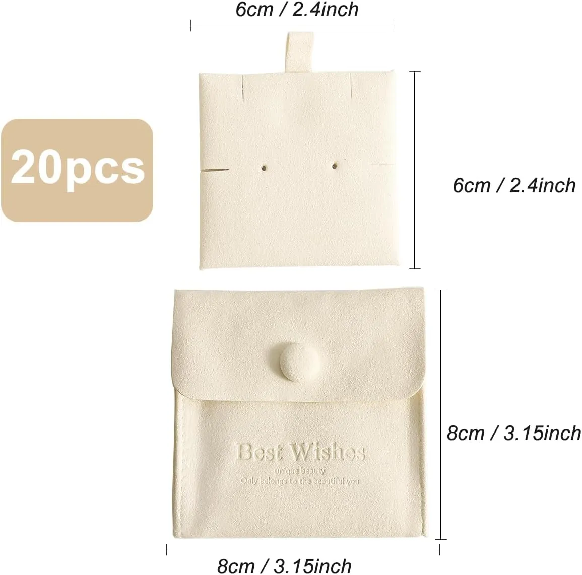 20 Pcs Microfiber Jewelry Pouch 8x8 cm, Luxury Small Gift Bags Snap Button Jewelry Roll for Earring Necklace Pendant Packing (BEIGE)