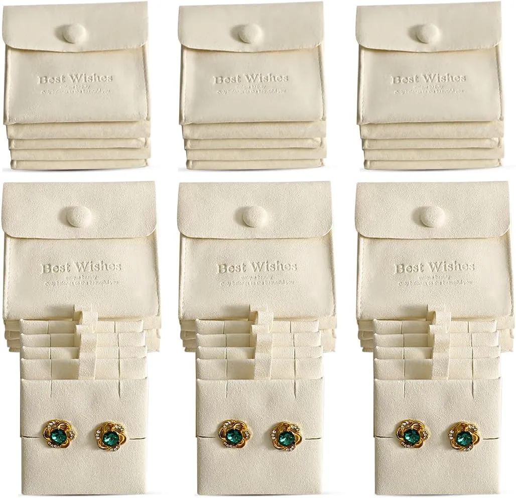 20 Pcs Microfiber Jewelry Pouch 8x8 cm, Luxury Small Gift Bags Snap Button Jewelry Roll for Earring Necklace Pendant Packing (BEIGE)