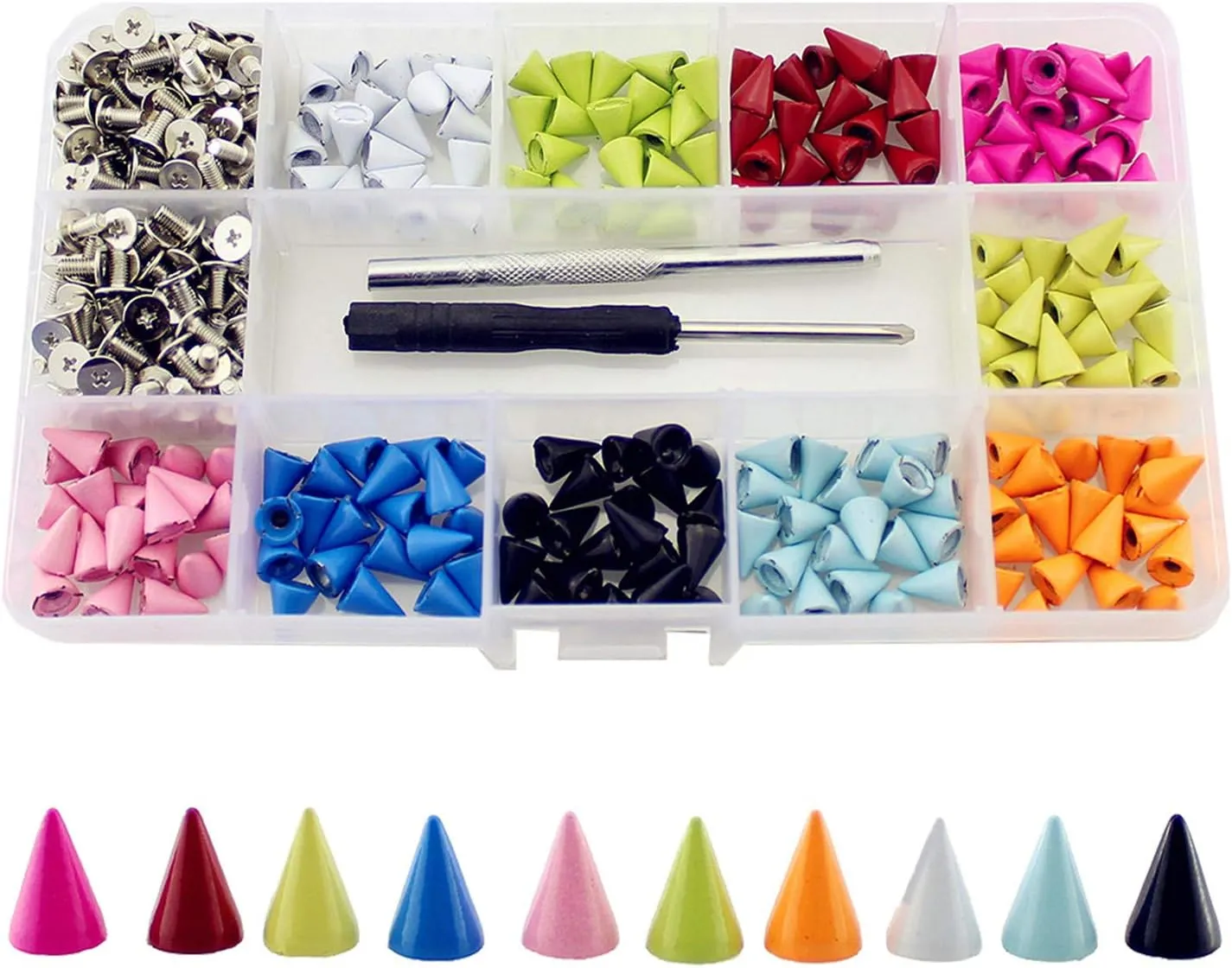 200 Sets Colorful Leather Spikes Kit 10mm Punk Bullet Metal Screw On Solid Rivets DIY Crafts Studs for Clothing Belts Dog Collar