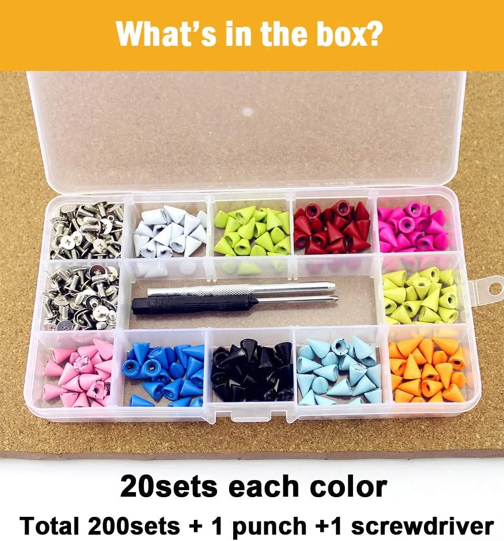 200 Sets Colorful Leather Spikes Kit 10mm Punk Bullet Metal Screw On Solid Rivets DIY Crafts Studs for Clothing Belts Dog Collar