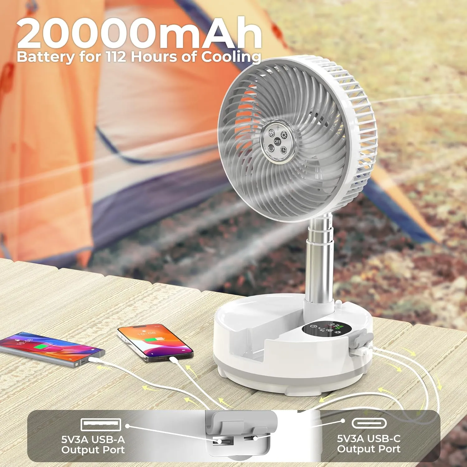 20000mAh Battery Operated Oscillating Table Fan - 112Hrs Rechargeable Camping Fan with Light & Timer, 8 Speeds Portable Travel Fan for Cruise RV Trip, Hurricane Power Outage (8" with Case)