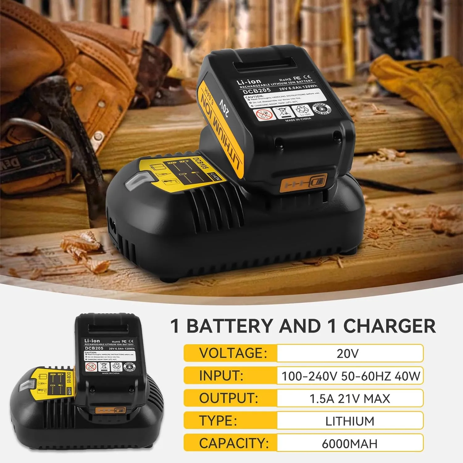 20V 6.0Ah Battery Replacement for Dewalt 20V Max Battery and DCB105 Charger Combo Compatible with Flexvolt 20V/60V DCB206 DCD/DCF/DCG/DCS Cordless Power Tools