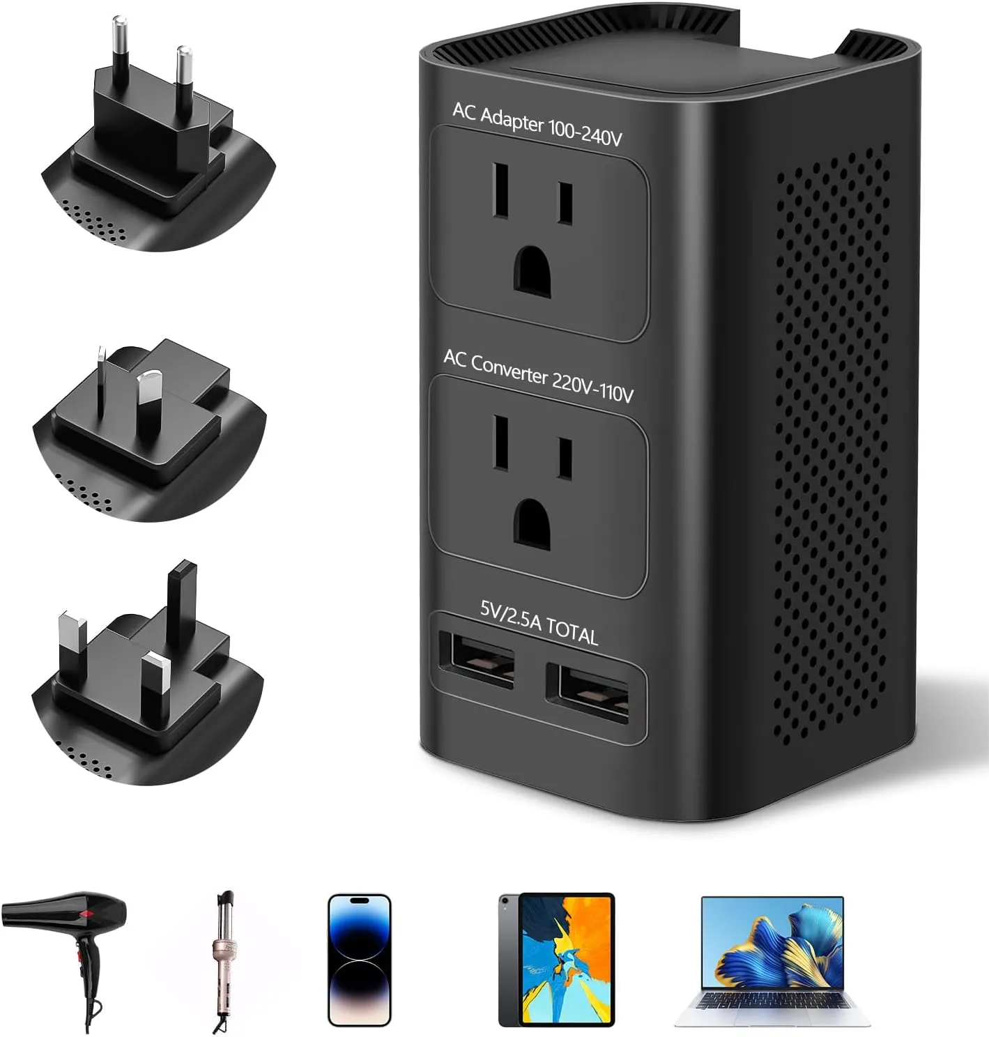 220V to 110V Voltage Converter US to Europe, Universal European Travel Plug Adapter Power Coverter with 2 USB Ports and EU/UK/AU/US International Outlet Adapter
