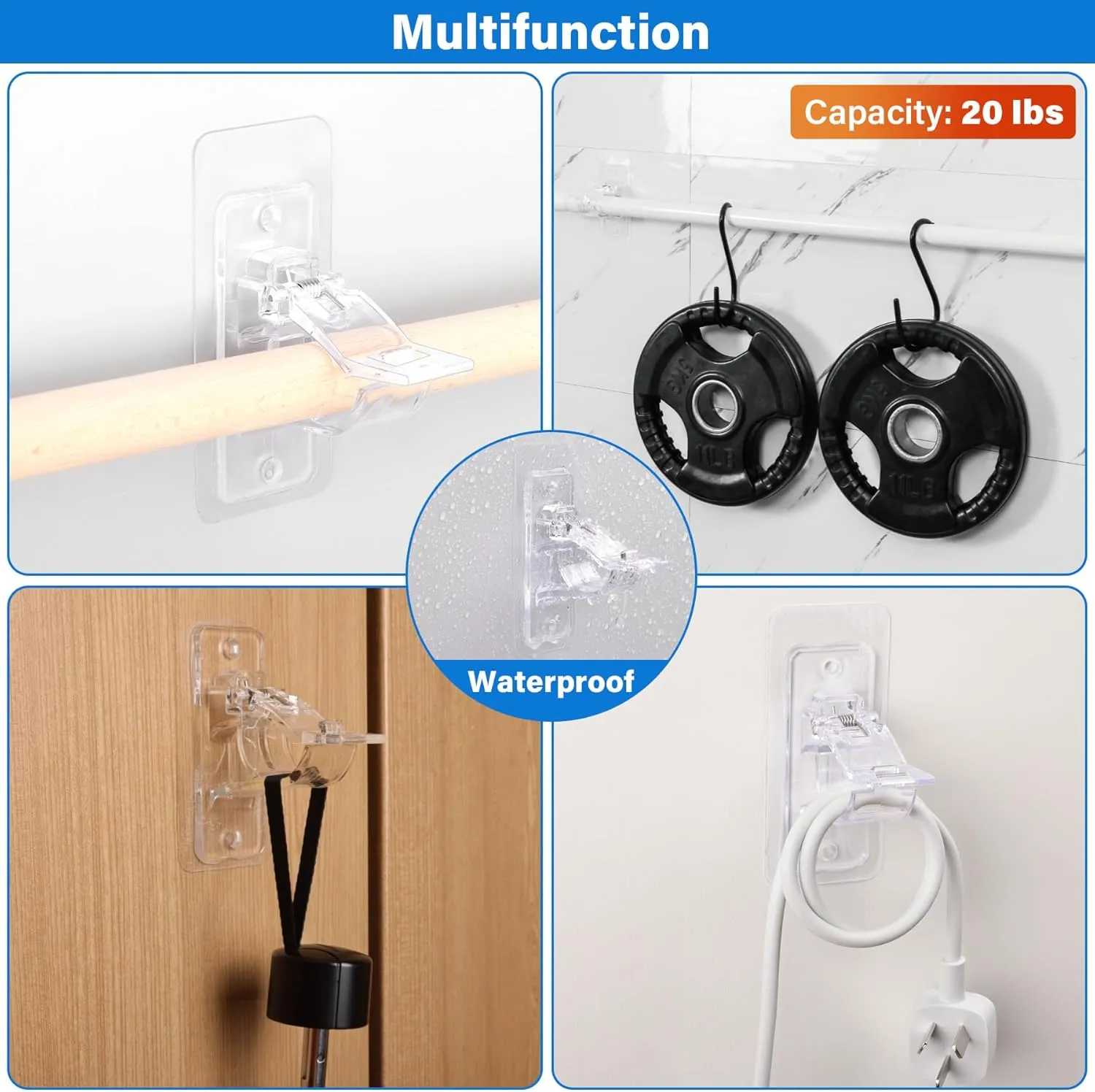 24-Pack No Drill Needed Curtain Rod Holders Brackets, Self Adhesive Rod Holder Hooks, Multipurpose Nail Free Stick on Curtain Rod Hooks, Curtain Hangers for Bathroom, Bedroom, Livingroom