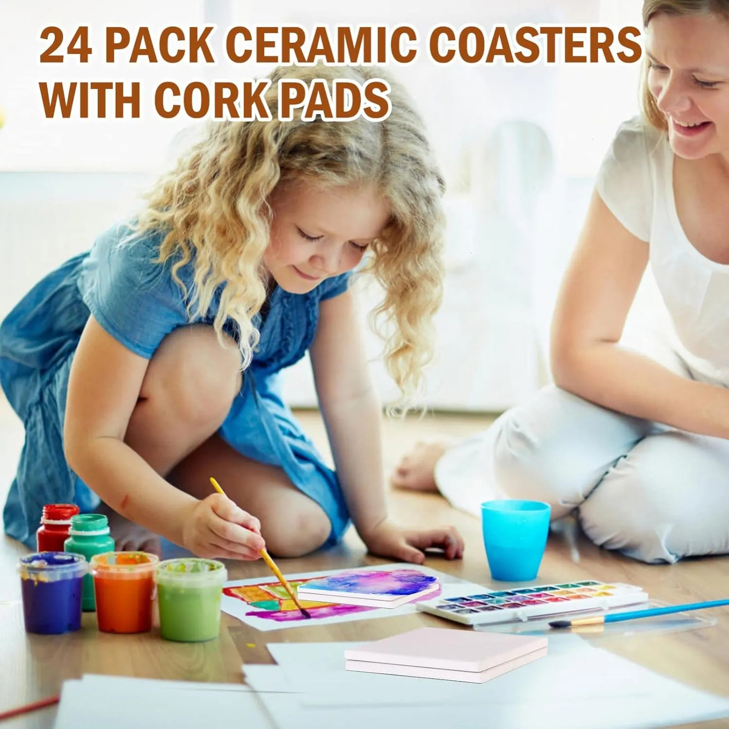 24 Pcs Ceramic Tiles for Crafts Ceramic Coasters for Crafts Blank White Unglazed Ceramic Tile for Painting, Alcohol Ink, Acrylic Pouring - DIY Coaster - Cork Backing Pads Included (4x4 inch)