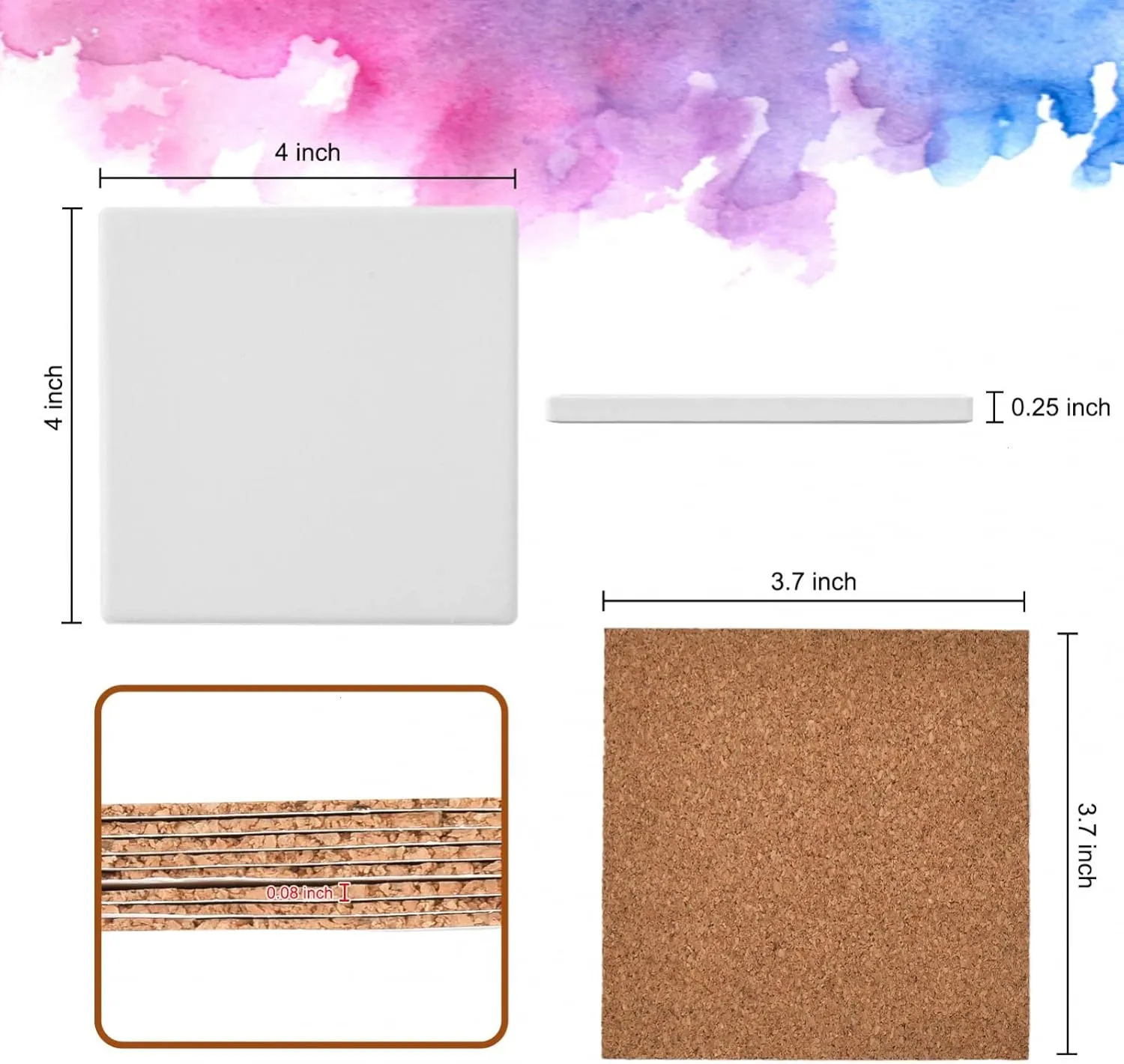 24 Pcs Ceramic Tiles for Crafts Ceramic Coasters for Crafts Blank White Unglazed Ceramic Tile for Painting, Alcohol Ink, Acrylic Pouring - DIY Coaster - Cork Backing Pads Included (4x4 inch)
