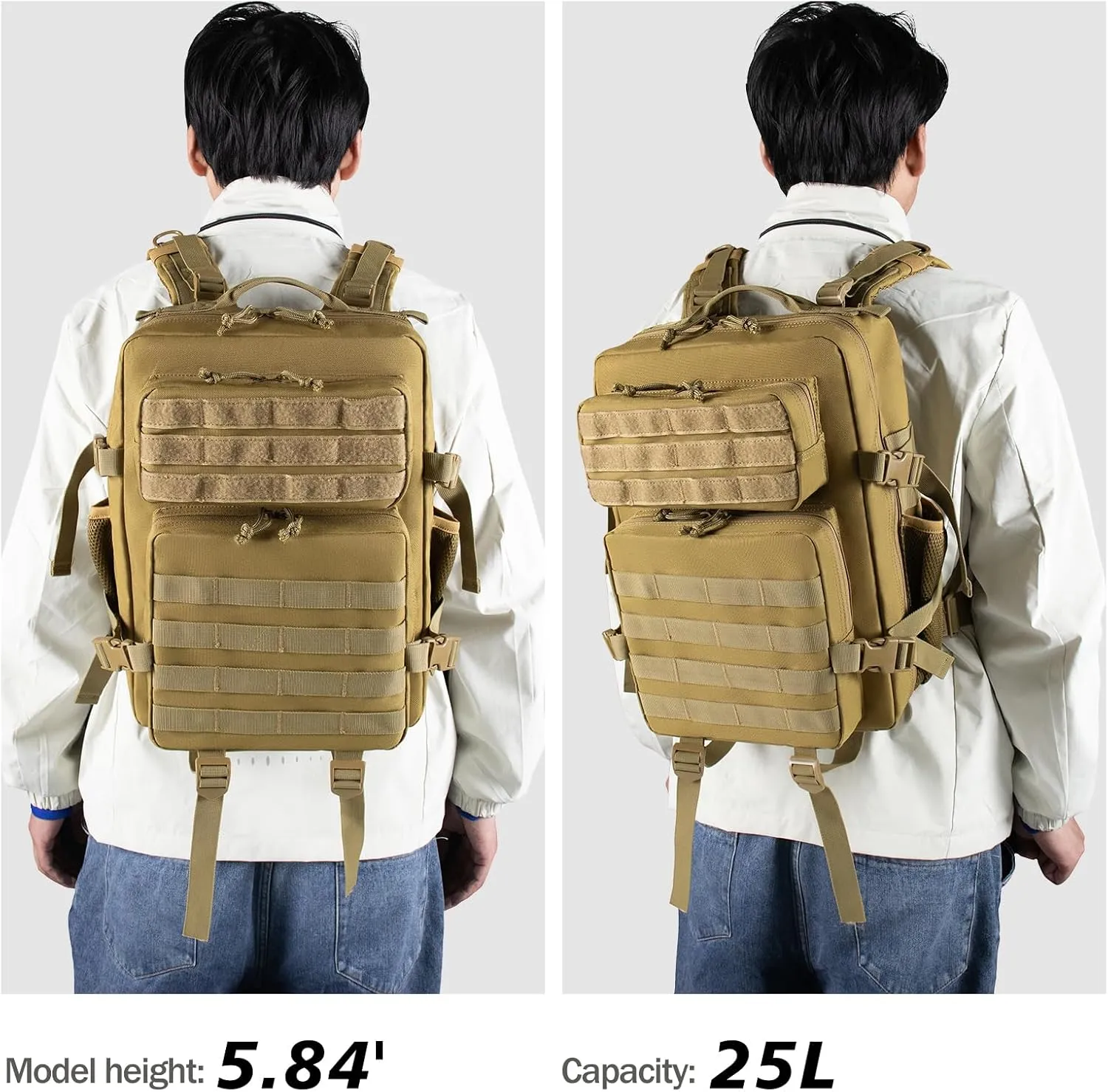 25L Small Tactical Khaki Backpack for Men and Women,Military Backpacks Rucksack with Molle Webbing Camping Daypack Bug Out Bag With Bottle Holder(25L)
