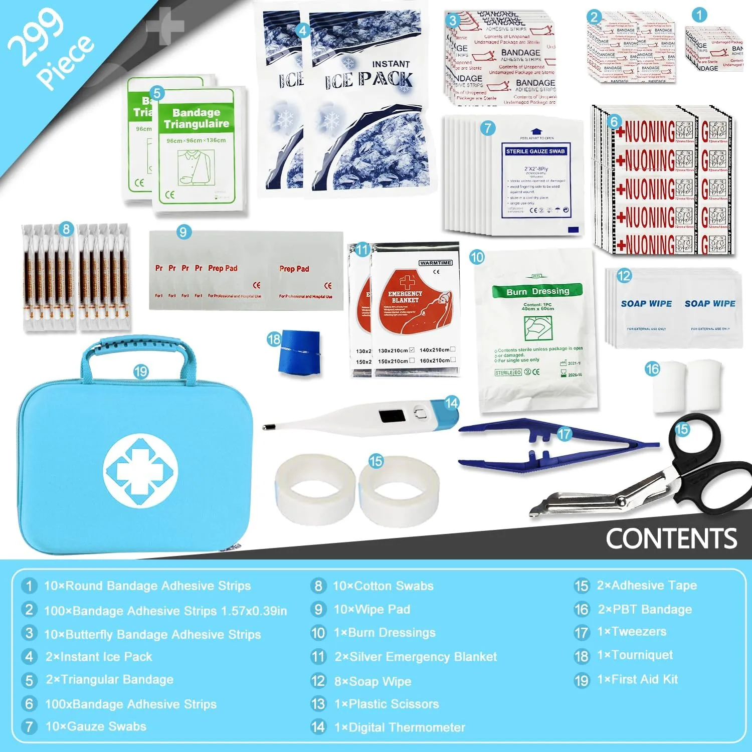 299Pcs Car First Aid Kit for Home Camping Travel Essentials First Aid Blue Bag Emegency Supplies Household Items for College Students YIDERBO