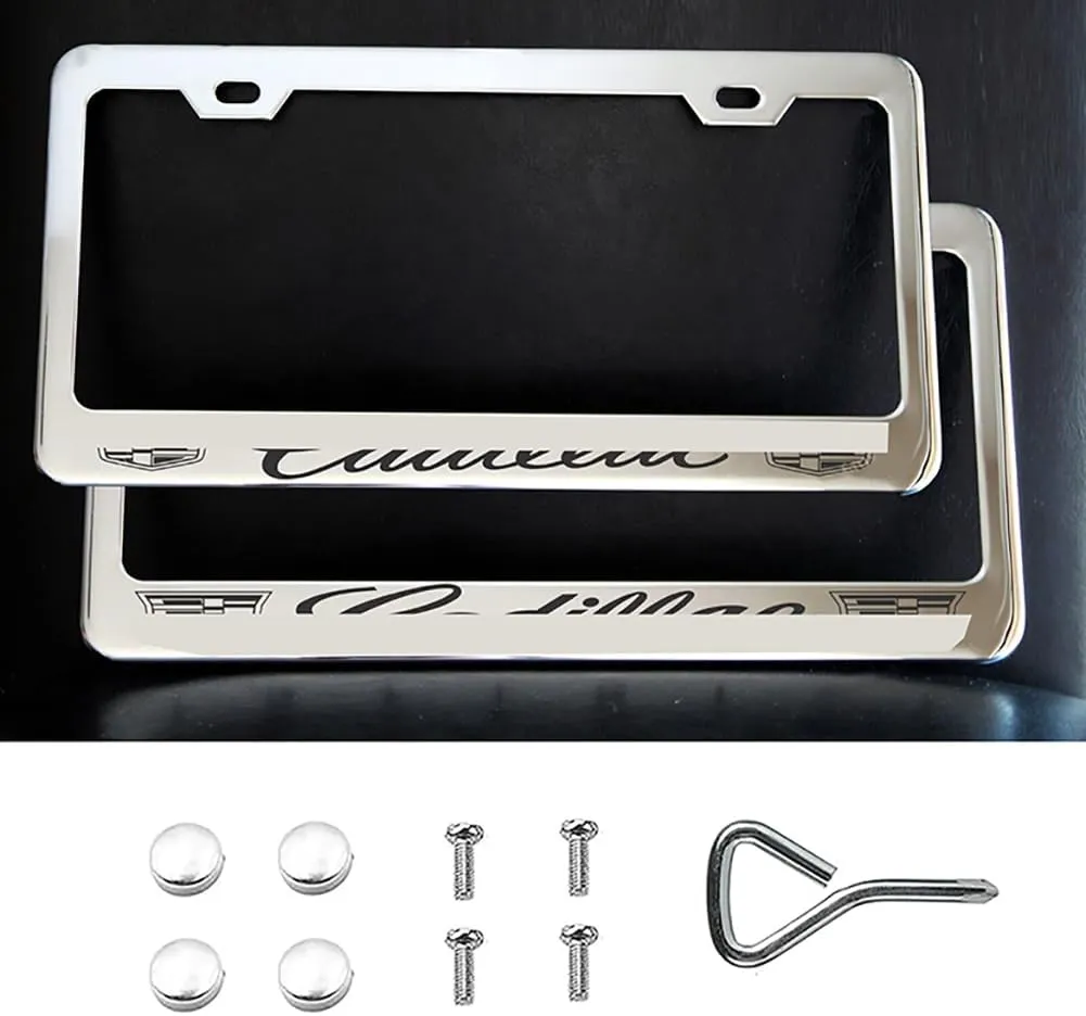 2PCS License Plate Frames for Cadillac Owners, Polished Mirror Car Tag Cover, 4 Holes Front & Rear Holders with Fasteners, Inserts, Rust/Rattle Proof Pads