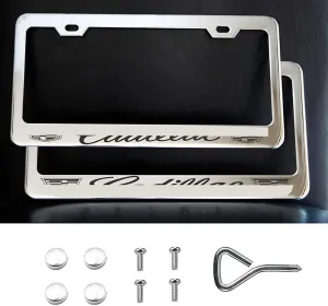 2PCS License Plate Frames for Cadillac Owners, Polished Mirror Car Tag Cover, 4 Holes Front & Rear Holders with Fasteners, Inserts, Rust/Rattle Proof Pads
