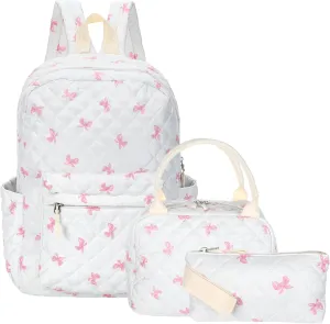 3 Pcs Backpack Bags Set with Cotton Quilted School Lunch Box Pencil Bag Daypack Bookbags for Girl Women Travel (Pink Bow)