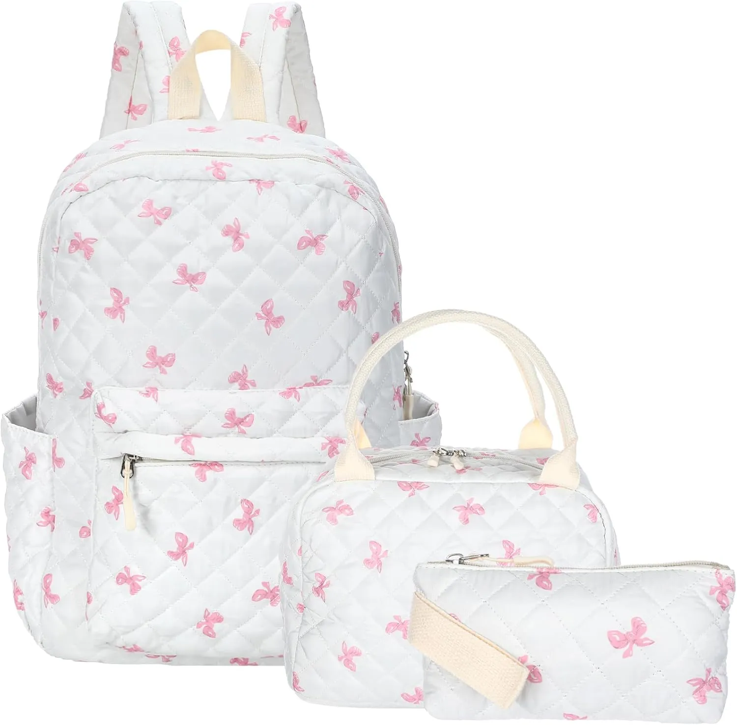 3 Pcs Backpack Bags Set with Cotton Quilted School Lunch Box Pencil Bag Daypack Bookbags for Girl Women Travel (Pink Bow)