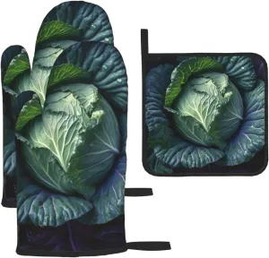 3 pcs Oven Mitts and Pot Holders Set Bright Cabbage Oven Mitt Heat Resistant Oven Gloves for Cooking Non-Slip Hot Pads Washable Cooking Gloves for Baking BBQ Microwave