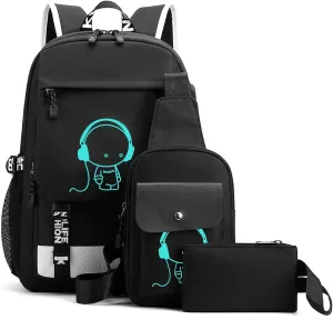 3 Piece Teen Glow-in-the-Dark Book Bag, 17-Inch Boys and Girls (Includes Shoulder Bag and Pencil Pouch), Traveling Sports Backpack Set (glow)