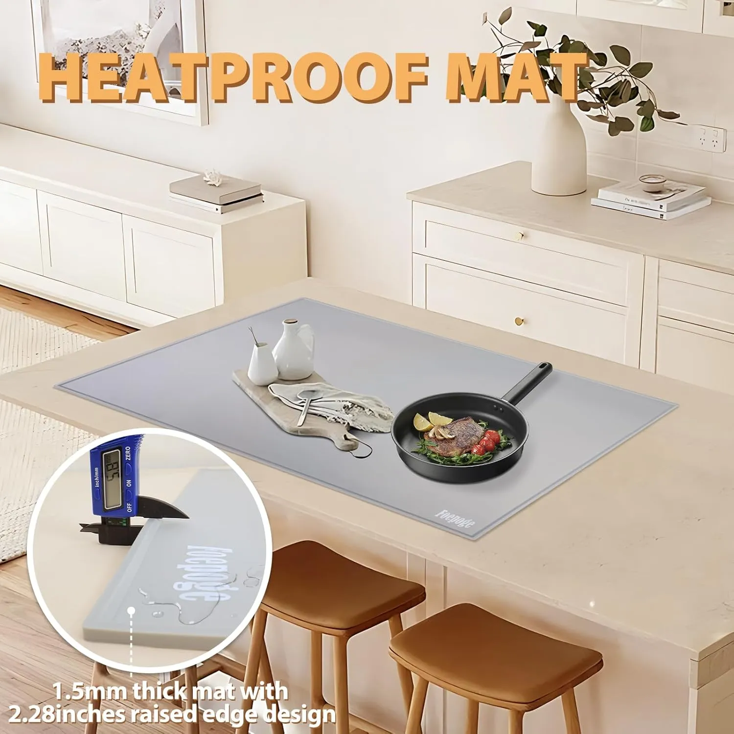 31.5 x 23.6 x 0.06 Inches Extra Thick Silicone Mat with Lip 0.22" Raised Edge for Resin, Large Silicon Matt for Kitchen Counter Heat Resistant, Silicone Craft Mat for Table Placemat by Foepoge(Gray)