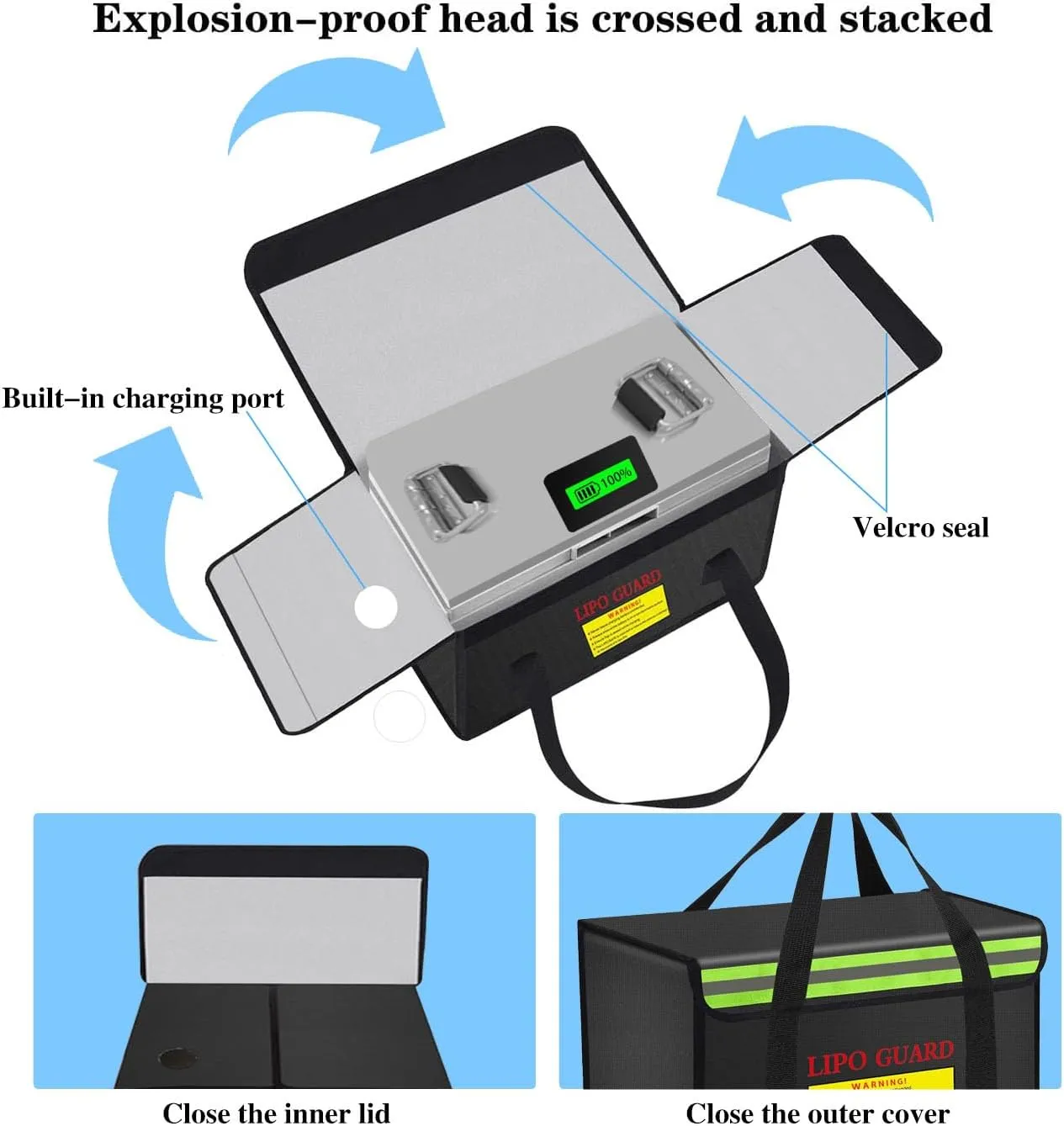 360 * 200 * 200mm Ebike Battery Safe Bag Fireproof Charging Bag Large Capatity for Lipo Battery Pack Storage Charging Transport, Home Office Travel Fireproof Safe Storage Pouch