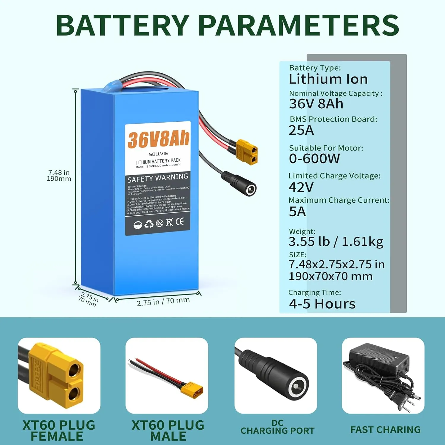 36V Lithium Ebike Battery 8Ah Rechargeable with 25A BMS, Compatible with jetson bolt pro Electric Bikes, for 100W-600W Motors E-Scooters, ATVs, Electric Dirt Bikes, Solar Storage and More (36V8Ah)
