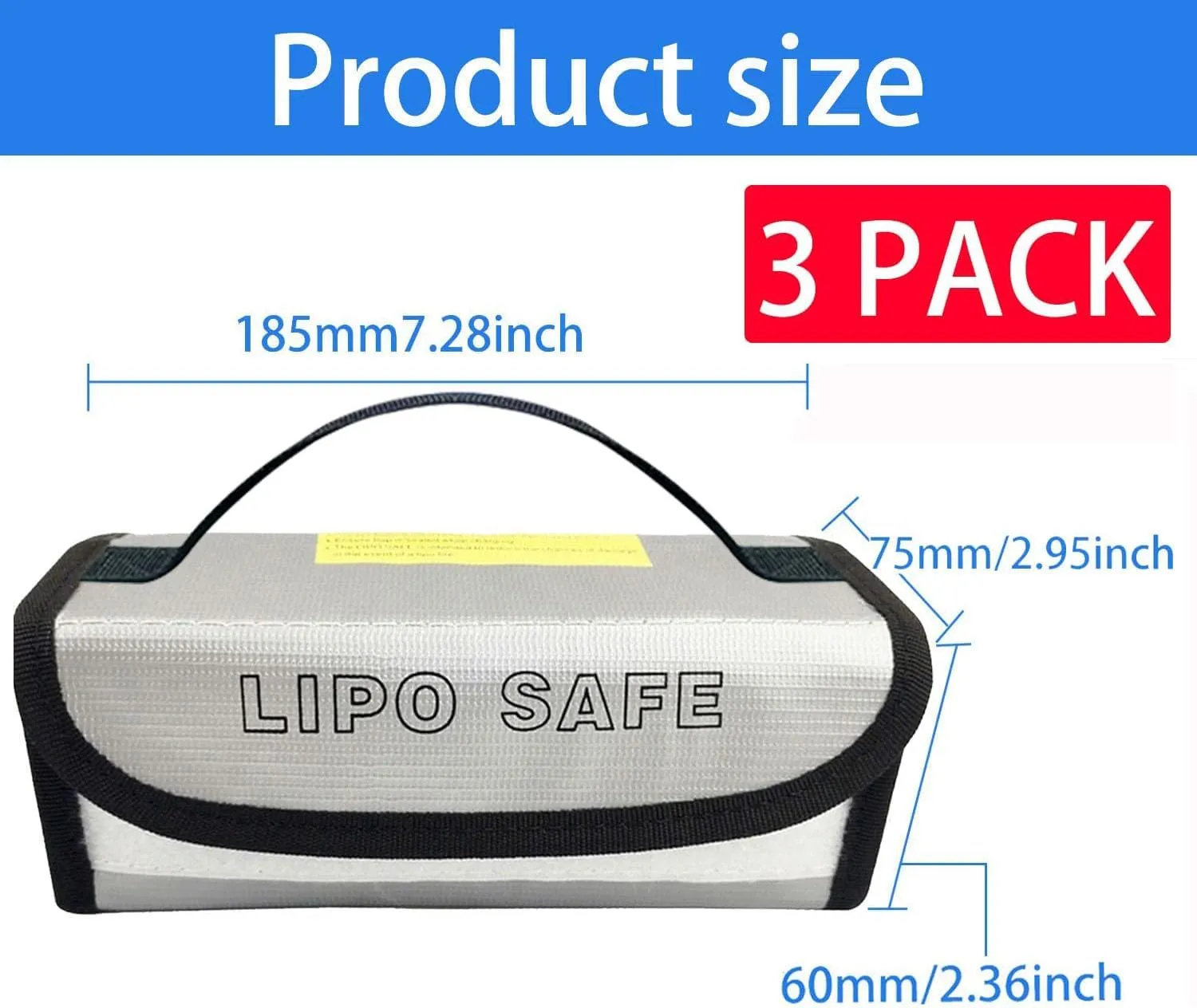 3PCS 185 * 60 * 75mm Lipo Battery Safe Bag Charging Bag for Lipo Battery Pack Storage Charging Transport,Home Travel Fireproof Safe Storage Pouch