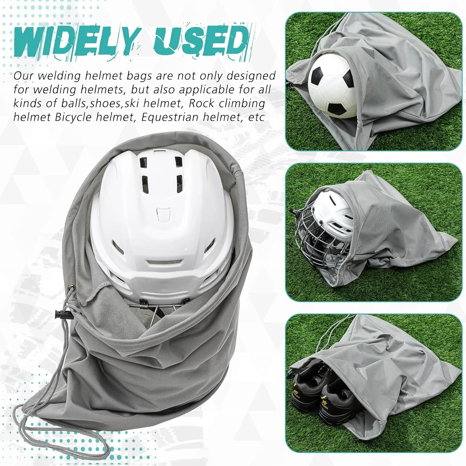 4 Pcs Helmet Bag Welding Motorcycle Hood Bag with Drawstring Locking, Microfiber Large Lightweight for Ski Riding Racing Snowmobile Dirt Bicycle Bike Fire Helmet Storage Accessories (Grey)