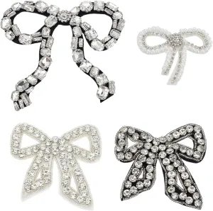 4 Pcs Rhinestone Bow Patch for Clothes Sew on Bow Knot Crystal Bling Appliques Patches Garment Embellishments Patch for Clothes Jeans Jackets Bags Backpacks Hats Shoes Dress DIY Repair
