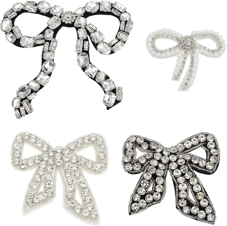 4 Pcs Rhinestone Bow Patch for Clothes Sew on Bow Knot Crystal Bling Appliques Patches Garment Embellishments Patch for Clothes Jeans Jackets Bags Backpacks Hats Shoes Dress DIY Repair