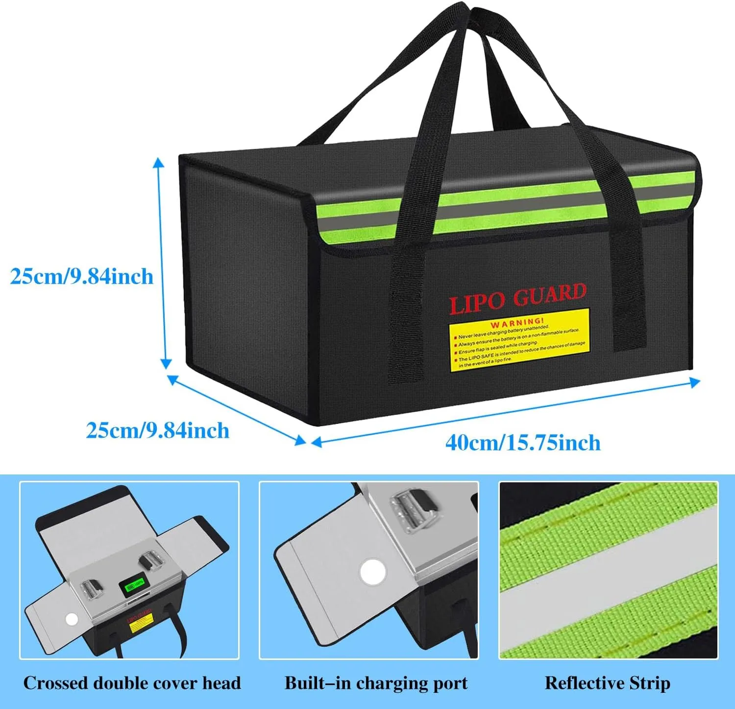 400 * 250 * 250mm Ebike Battery Safe Bag Fireproof Charging Lipo Bag Large Capatity for Lipo Battery Pack Storage Charging Transport, Home Office Travel Fireproof Safe Storage Pouch