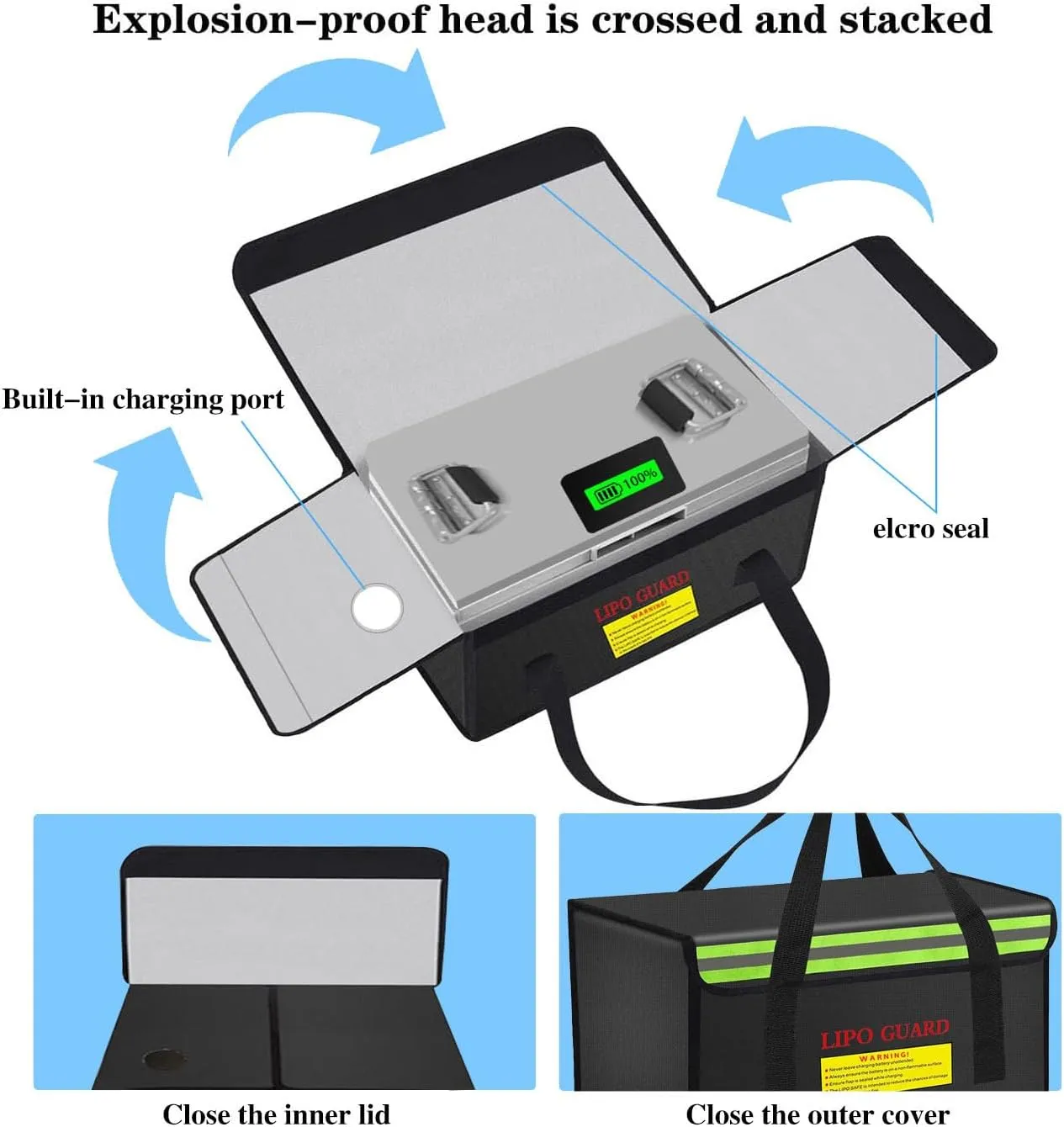 400 * 250 * 250mm Ebike Battery Safe Bag Fireproof Charging Lipo Bag Large Capatity for Lipo Battery Pack Storage Charging Transport, Home Office Travel Fireproof Safe Storage Pouch