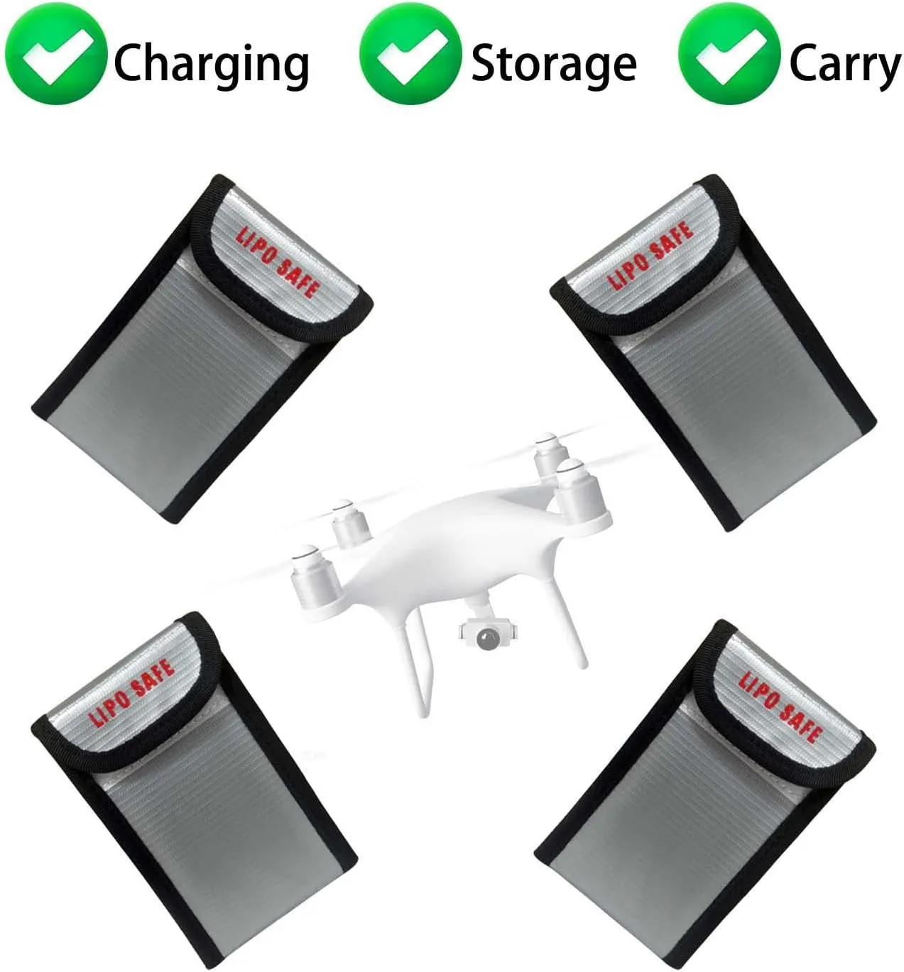4PCS 90 * 55 * 140mm Lipo Battery Safe Bag Fireproof Charging Bag for RC Lipo Battery Pack Storage Charging Transport, Home Office Travel Lipo Safe Storage Pouch