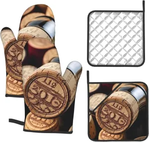 4PCS Oven Mitts and Pot Holders Set, Wine Bottle Stopper with Vintage Heat Resistant Oven Gloves Waterproof Cooking Gloves Hot Pads with Hanging Loop for Kitchen BBQ Outdoor Grilling