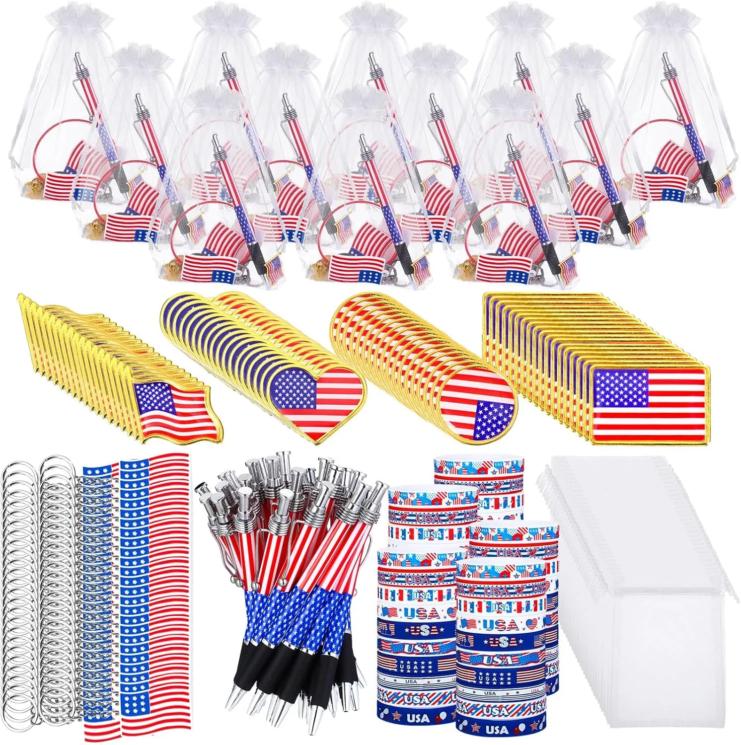50 Sets 4th of July Party Favors Bulk Patriotic Party Favors Supplies USA Flag Keychains Bracelets Lapel Pins Ballpoint Pens Gift Bags for Independence Day Decorations Gift