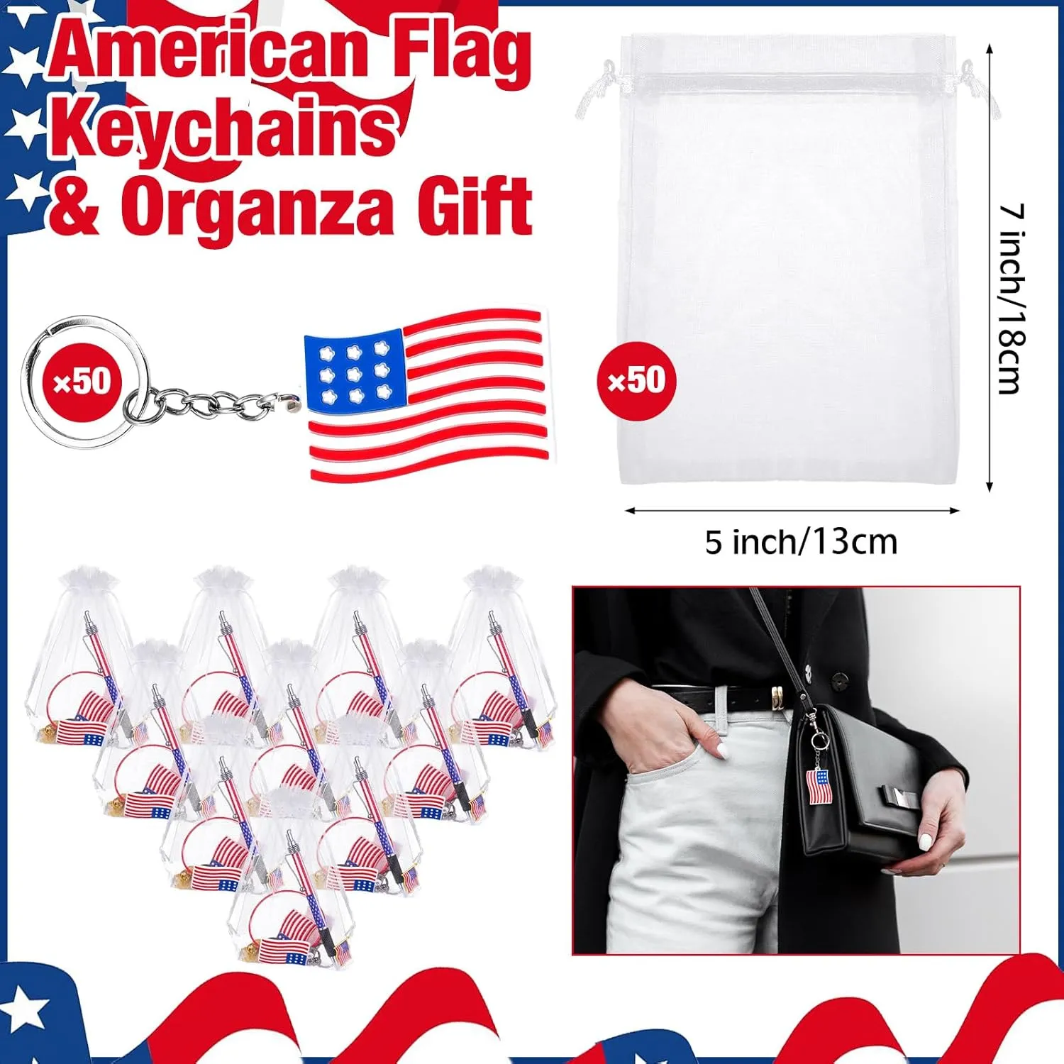 50 Sets 4th of July Party Favors Bulk Patriotic Party Favors Supplies USA Flag Keychains Bracelets Lapel Pins Ballpoint Pens Gift Bags for Independence Day Decorations Gift