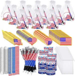 50 Sets 4th of July Party Favors Bulk Patriotic Party Favors Supplies USA Flag Keychains Bracelets Lapel Pins Ballpoint Pens Gift Bags for Independence Day Decorations Gift